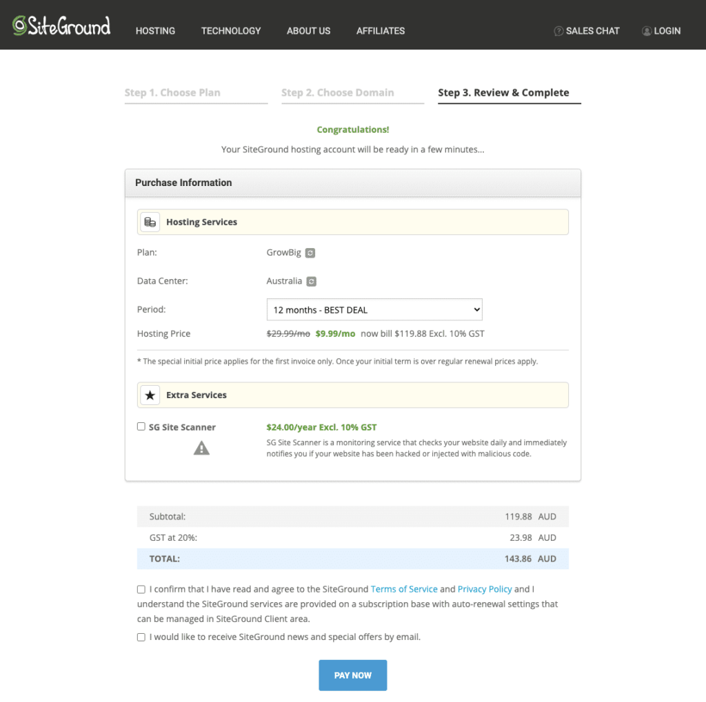Set up escort Website Hosting & Collaboration 4 siteground signup 3